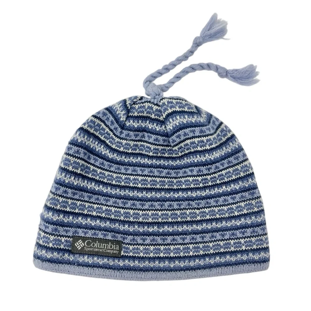 Columbia Kids' Blue Striped Tassel Beanie Youth Size Nordic Icelandic Pattern